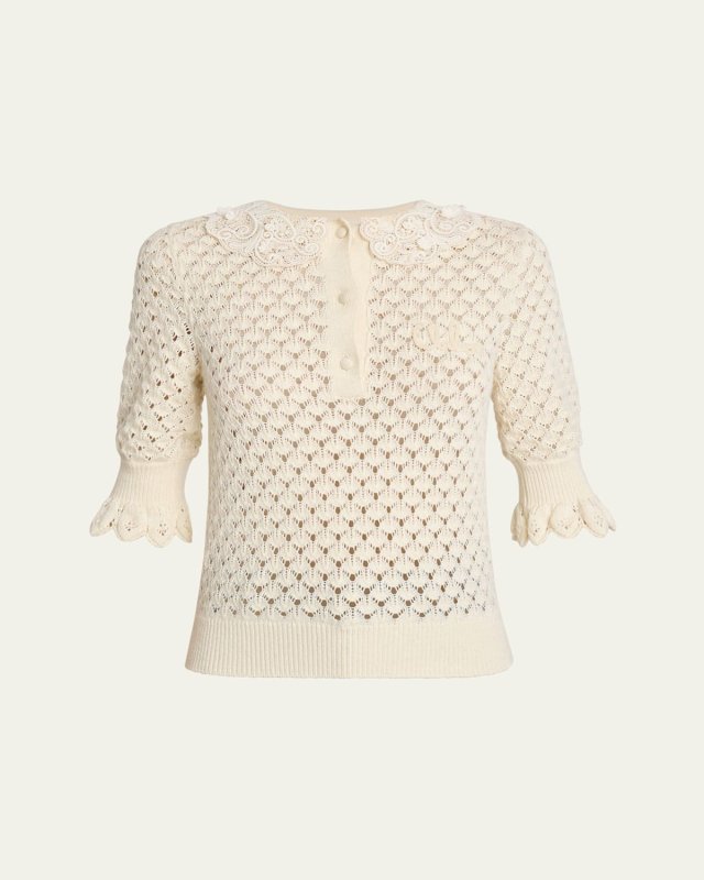 Lace-Collar Open Knit Polo Top